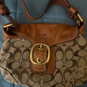 Coach Brown and Tan Buckle Shoulder Bag